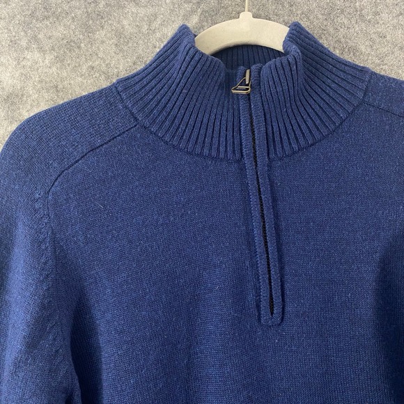 LL Bean Signature Sweater Medium Navy Blue 100% Merino Wool 1/4 Zip Long Sleeve - Picture 3 of 10
